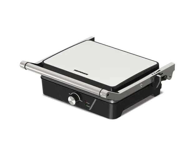 Grill electric Heinner GrillChef HEG-K2000CP, 2000 W, Placi fixe cu invelis antiaderent, Temperatura reglabila, maner rece, Indicatoare luminoase, Tava pentru colectare ulei (Negru/Argintiu)