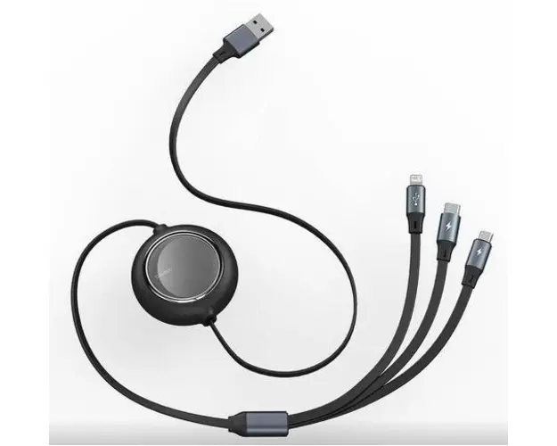 Cablu de date Baseus Bright Mirror 2 One-for-three Retractable, USB - Micro-USB + Lightning + USB Type-C 3.5A, 1.1m, Negru