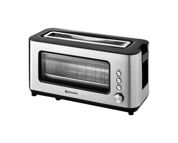 Prajitor de paine Zokura Z1237, 2 felii, Fereastra din sticla, 1200 W, 6 Trepte de prajire (Argintiu)