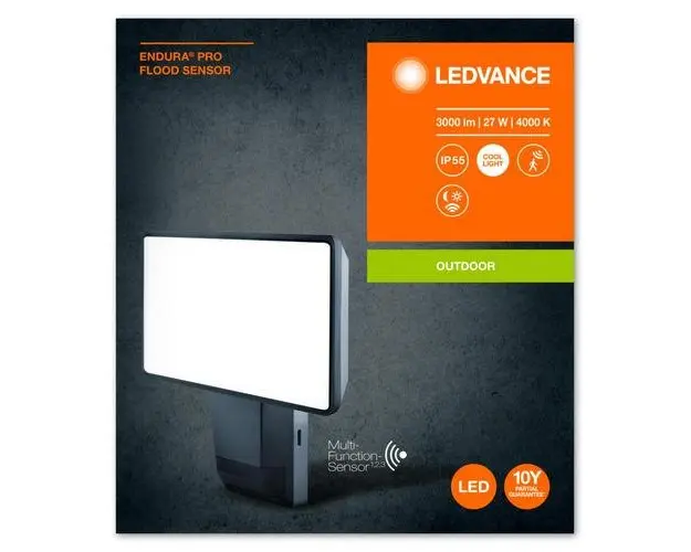 Proiector LED cu senzor de miscare si lumina Ledvance FLOODLIGHT ENDURA PRO, 27W, 220-240V, 3000 lm, lumina neutra (4000K), IP55/IK05, 225x201x56mm, policarbonat, Gri