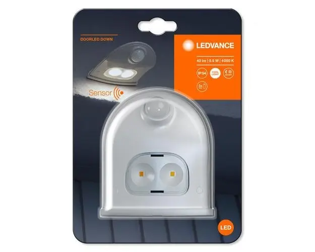 Aplica LED pentru exterior pe baterii 3xLR6 incluse, cu senzor de miscare si lumina Ledvance DOORLED DOWN, 1W, 4.5V, 40 lm, lumina neutra (4000K), IP54, 102x92x36mm, Alb