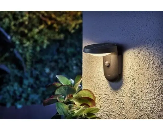 Aplica LED solara pentru exterior cu senzor de lumina si miscare Philips Tyla, 1.2W, 4V, 255 lm, lumina calda (3000K), IP44, 188x158x184mm, Antracit
