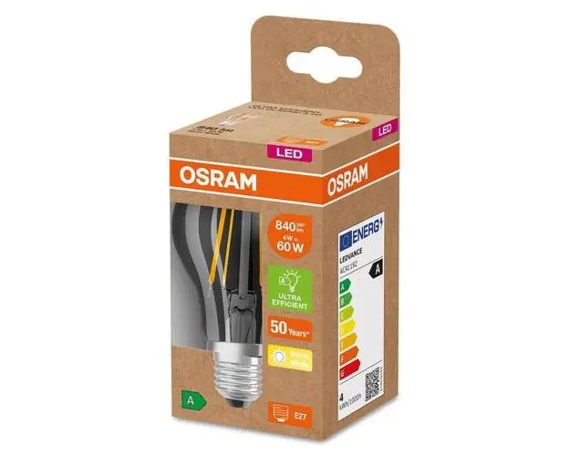 Bec LED Osram Classic A60, Ultra Efficient Light, E27, 4W (60W), 840 lm, lumina calda (3000K), cu filament