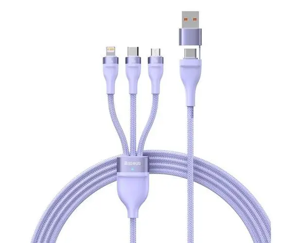 Cablu de date Baseus Flash Series II, 3in1 USB-C / Lightning / MicroUSB, 100W, 1.2m (Violet)