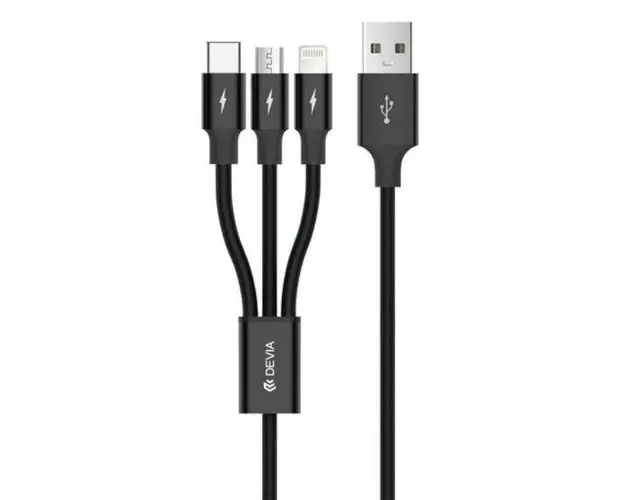 Cablu de date Devia Kintone Series 3 In 1 Tube, USB - Lightning/MicroUSB/USB-Type-C, 1.2m, Negru