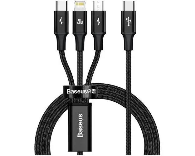 Cablu de date Baseus 3 in 1, USB Type-C la MicroUSB+Lightning+Type-C, PD 20W, 1.5m, Negru