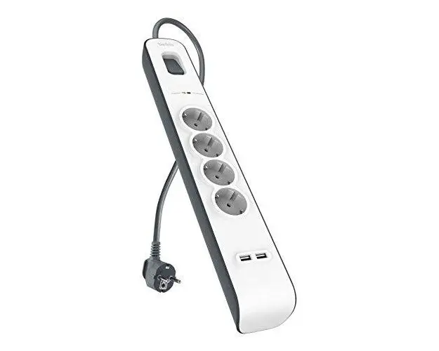 Prelungitor Belkin cu protectie la supratensiune, pana la 525 Joules, 4 prize, indicator LED, 2x USB 2.0, capace de siguranta (Alb/Gri)