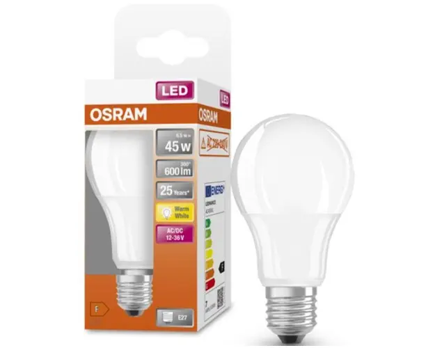 Bec LED Osram Classic A60, E27, 12-36V AC/DC, 6.5W (45W), 600 lm, lumina calda (2700K), nu functioneaza la 220-240V