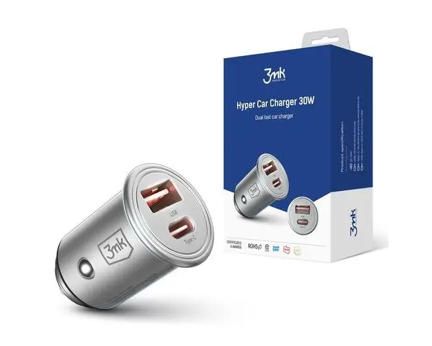 Incarcator auto 3mk Hypercar, 30W, 2 x USB (Argintiu)