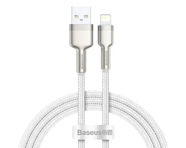 Cablu pentru incarcare si transfer de date Baseus Cafule Metal, USB/Lightning, 18W, 2.4A, 1m, Alb