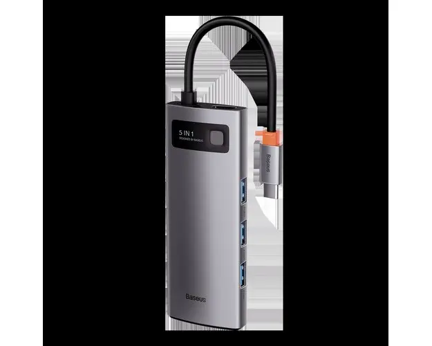 Hub Baseus WKWG020013 Metal Gleam Series 5-in-1, conectare PC USB Type-C, 3 x USB 3.0, 1 x Type-C PD 100W, 1 x HDMI 4K/30Hz (Gri)