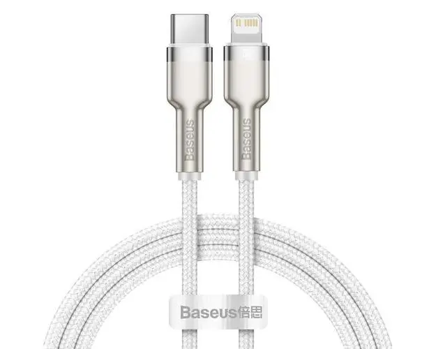 Cablu pentru incarcare si transfer de date Baseus Cafule Metal, USB Type-C/Lightning, Power Delivery 20W, 2m, Alb