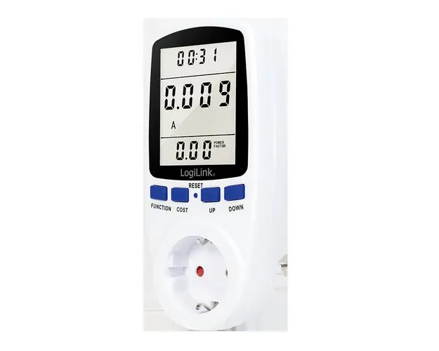 Priza inteligenta Logilink EM0003, Schuko x 1, conectare prin Schuko tata, 16 A, afisaj energie, putere, tarif cost, baterie incorporata, Alb