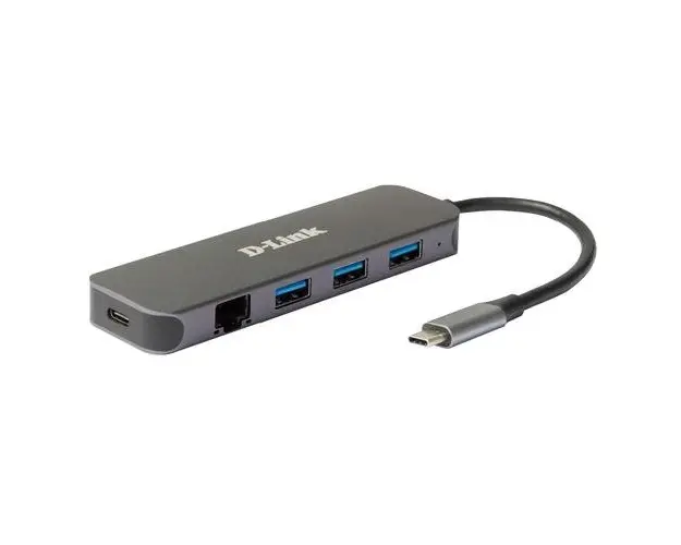 Hub extern D-LINK, porturi 3 x SuperSpeed USB 3.0, 1 x USB-C with data sync & power delivery up to 60W, 1 x RJ-45 Gigabit, conectare prin USB Type C, cablu 10 cm, metalic, Argintiu