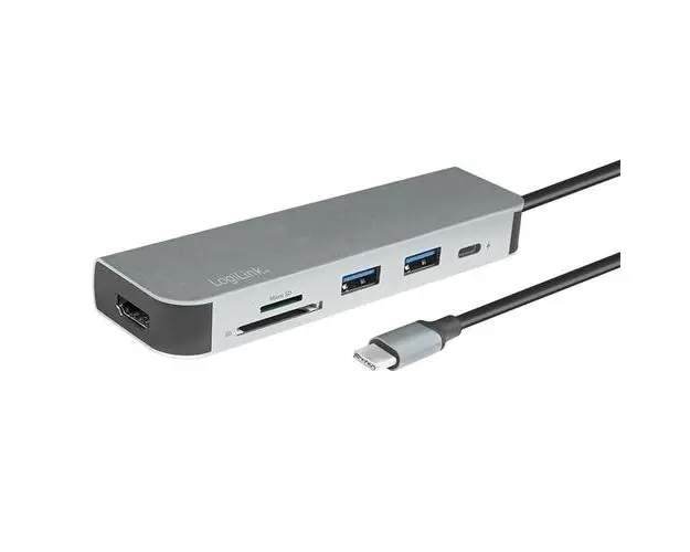 Docking Station LOGILINK UA0343 universal, conectare PC USB TYPE-C 3.2, USB 3.0 x 2, porturi video HDMI x 1, card reader, PD 2.0 pana la 60W (Argintiu)