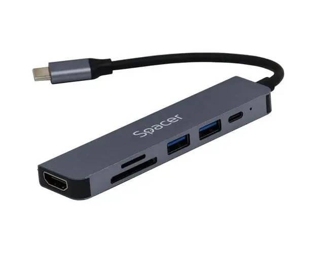 Docking station Spacer 6 in 1, conectare Type-C, USB 3.0 x 2, PD 3.0 x 1 (87W), HDMI x 1, 4K (30Hz), SD card x 1, TF (MicroSD card) x 1, aluminiu (Gri)