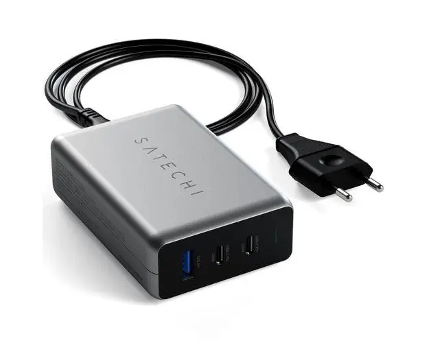 Incarcator Satechi USB-C PD 100W, incarcare GaN, 2xUSB-C PD, 1xUSB-A, Gri