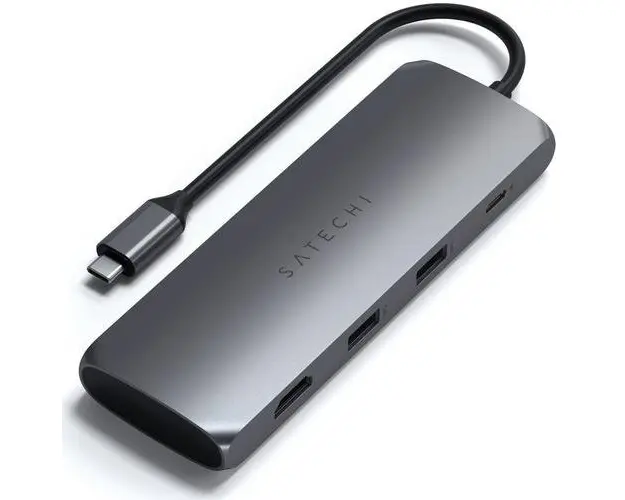 Hub hibrid USB-C Satechi din aluminiu, compartiment SSD, HDMI 4K, 2 x USB-A 3.1 Gen 2 pana la 10 Gbps, Gri