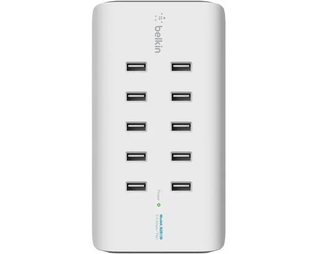 Incarcator retea Belkin Rockstar, 120W, 10 x USB 2.0, incarcare rapida, protectie supra-tensiune (Alb)