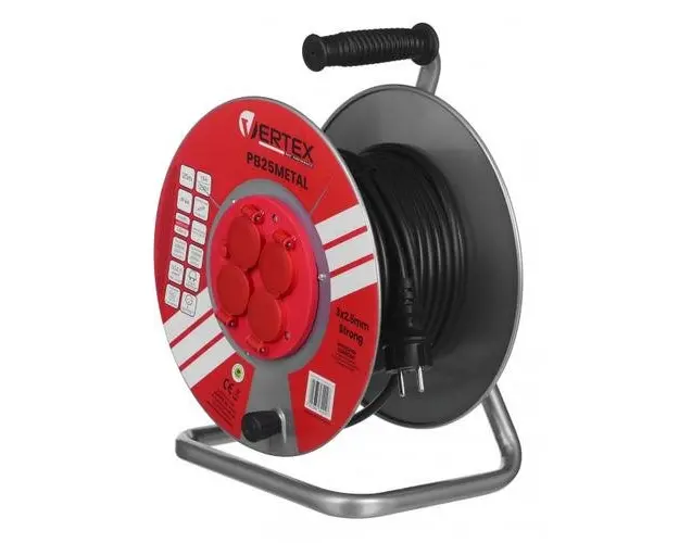 Prelungitor cu tambur Vertex PB25METAL, 4 prize, 25m, Rosu/Negru