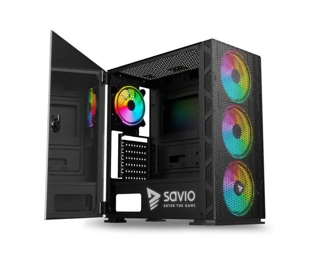 Carcasa Gaming, SAVIO Raptor X1, Mesh / Tempered Glass, ARGB, Mid-Tower, fara sursa, ATX (Negru)