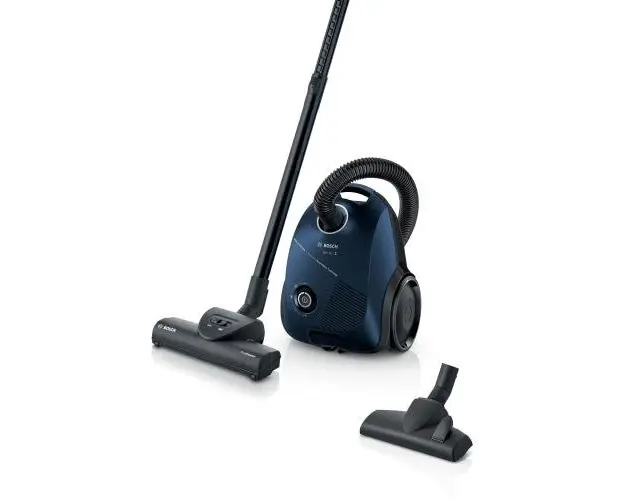 Aspirator cu sac Bosch BGBS2BU1T Seria 2, 850W, perie multifunctionala, perie turbo, filtru igienic, capacitate colectare 3.5 l, nivel de zgomot 80dB, Consum anual de energie: 40 kWh/an (Albastru)