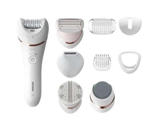 Epilator umed si uscat Philips Seria 9000 BRE740/90, 12 accesorii, 32 pensete, utilizare fara fir, 2 setari de viteza, opti-light, discuri ceramice (Argintiu)