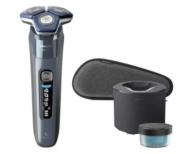 Aparat de barbierit Philips Shaver Seria 7000 S7882/55, barbierit umed/uscat, tehnologie SkinIQ, capete flexibile 360, display LED, senzor Motion Control, senzor Power Adapt, lame auto-ascutire, 60 min, suport de incarcare, toc de transport (Albastru)