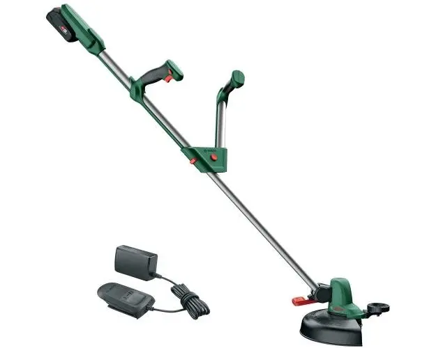 Trimmer pentru tuns gazon/iarba Bosch Universal GrassCut, 18 V, Diametru taiere 26 cm, Maner telescopic 120 - 140 cm, Acumulator 18 V 2.0 Ah + incarcator (Negru/Verde)