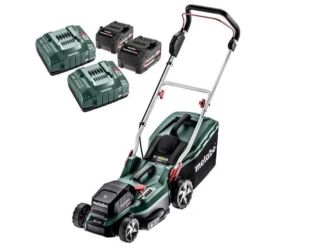 Masina gazon Metabo RM 36-18 LTX BL36 cu acumulatori, latime lucru 36 cm, volum cos 45 l, Acumulatori 2 x 18V / 5.2 Ah, Incarcator 2 x ASC 55 inchAir cooledinch