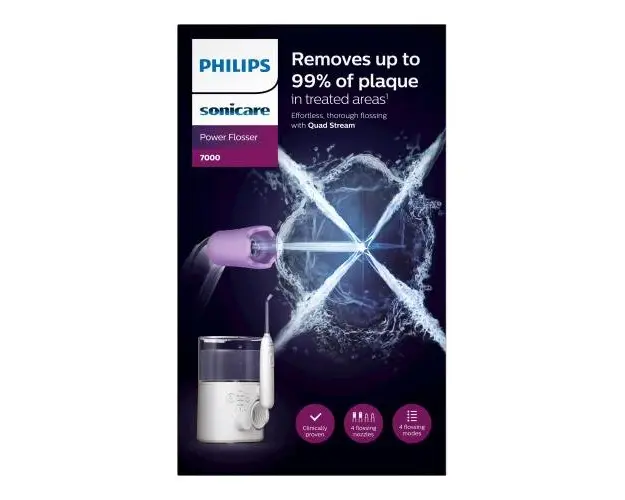 Irigator bucal Philips Sonicare Power Flosser 7000 HX3911/40, Tehnologie Quad Stream, 0.6 L, 4 moduri de curatare, 10 niveluri de intensitate, 4 capete de curatare, Toc de depozitare pentru capete (Alb)