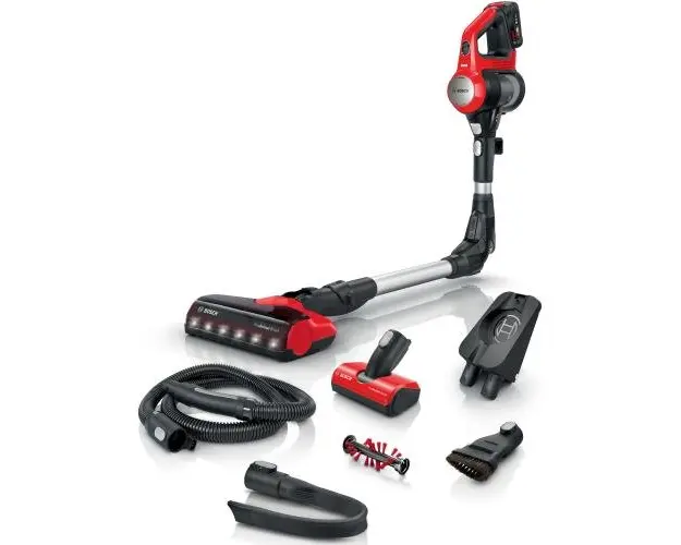 Aspirator vertical Bosch Unlimited 7 ProAnimal BBS711ANM, 18V, Autonomie 40 min, 3 trepte de putere, 0.4 L, Perie ProAnimal cu LED-uri, motor TurboSpin, tija flexibila, functie Quick Stand (Negru/Rosu)