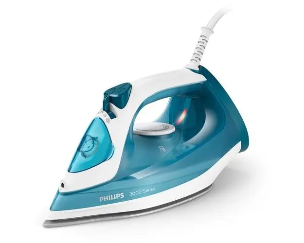 Fier de calcat Philips DST3011/20 seria 3000, 2100 W, Talpa ceramica, Abur 30 g/min, Jet de abur 140 g, Capacitate rezervor 300ml, Anticalcar, Sistem anti picurare (Alb/ Albastru)