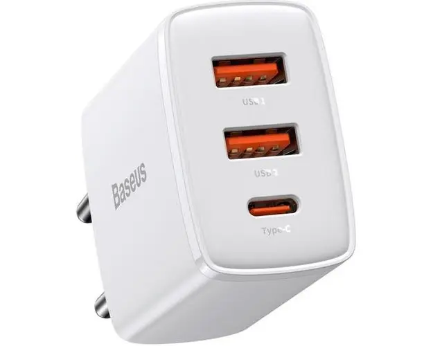 Incarcator Retea Baseus, Quick Charge, Compact 30W, 2 x USB 5V/3A, 1 x USB Type-C 5V/3A, (Alb)