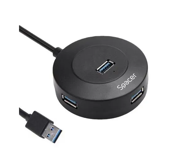 Hub extern Spacer, porturi USB:USB 3.0 X 1, USB 2.0 x 3, conectare prin USB 3.0, cablu 1m, Plastic ABS, Negru