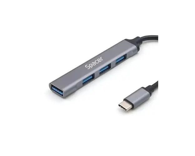 Hub USB extern Spacer, USB 3.0 X 1, USB 2.0 x 3, conectare prin TYPE-C, cablu 1m, Aluminiu (Argintiu)