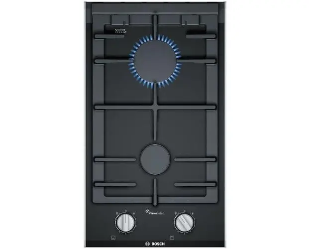 Plita incorporabila Bosch PRB3A6B70, Gaz, 2 zone de gatit, FlameSelect , 30 cm, Vitroceramica (Negru)