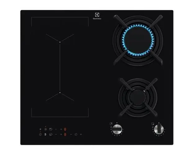 Plita incorporabila Electrolux KDI641723K, Mixta, 2 arzatoare gaz / 2 zone inductie, Aprindere electrica, Gratare Fonta, Timer Electronic, 60 cm (Negru)