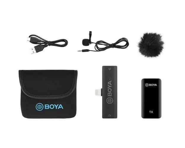 Lavaliera Boya BY-XM6-S3 digitala cu microfon omnidirectional fara fir cu transmitator si receiver Lightning + cutie cu baterie suplimentara