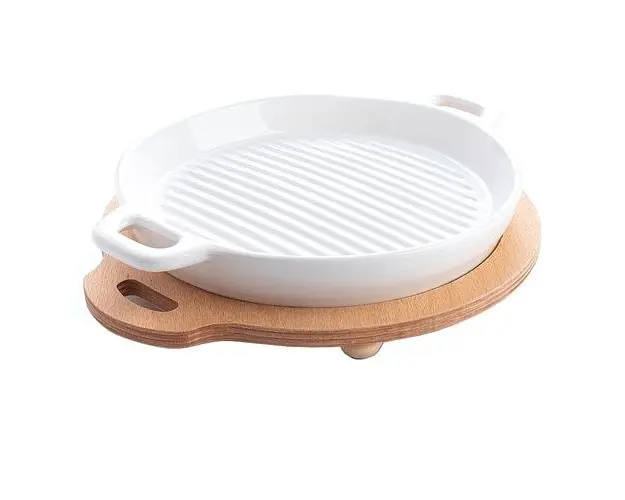 Tava Grill STUDIO CASA SRM963 cu Manere pe Suport de Lemn, 22 cm, Ceramica, Alb