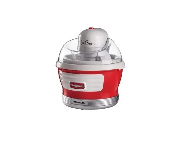 Aparat de inghetata, sorbet si iaurt inghetat 0643 Party Time Maker Ariete, Capacitate 1.5 l, Recipient detasabil, 12 W, Buton On/Off (Alb/Rosu)
