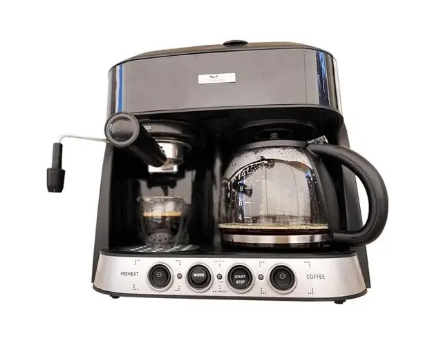 Espressor Combi 3 in 1 New Coffee Shot Del Caffe, 15 bar, 1.25 l, 1850 W, Functie spumare, Espressor si un filtru de cafea in acelasi aparat (Negru/Argintiu)