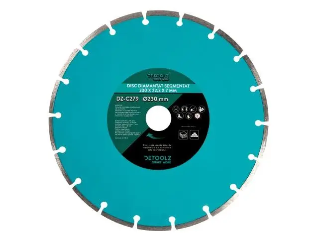 Disc diamantat segmentat Detoolz DZ-C279, diametru 230x25.4x7 mm, grosime 1.8 mm, taiere uscata si umeda