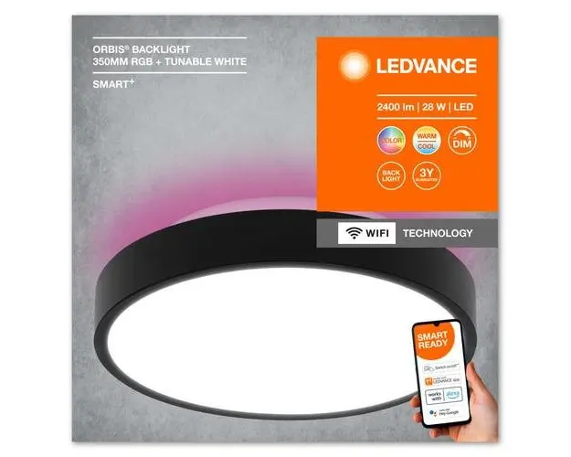 Plafoniera LED RGB inteligenta Ledvance SMART+ Wifi Orbis Backlight 350, 28W, 2400 lm, lumina alba si color (3000-6500K), IP20, Ø350x90mm, metal/Policarbonat, Negru