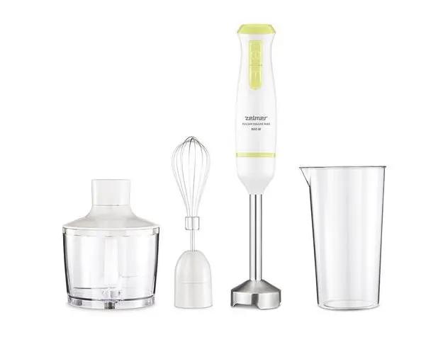Blender de mana Zelmer ZHB4562L Pulsar Deluxe Max, 800 W, 2 lame inox, Picior inox, Recipient 800 ml, Tocator 450 ml, Tel, Design ergonomic (Alb/Galben)