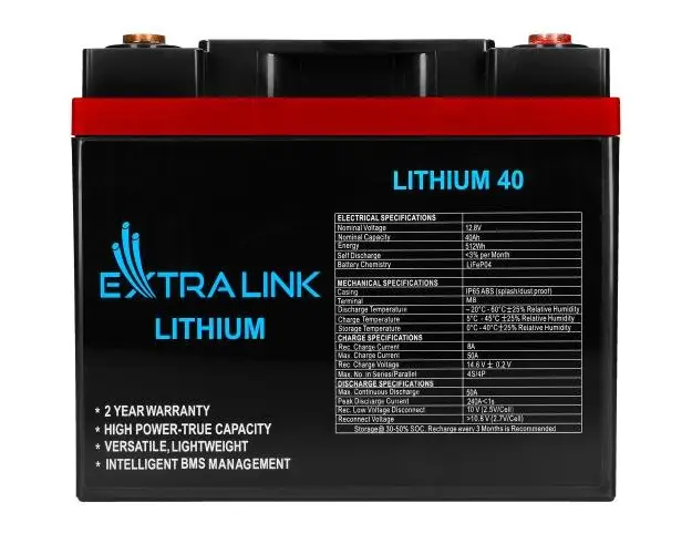 Baterie LiFePO4 pentru UPS, Extralink, 40Ah, 12.8V, BMS, IP65, ABS, M8, Multifunctionala, Negru