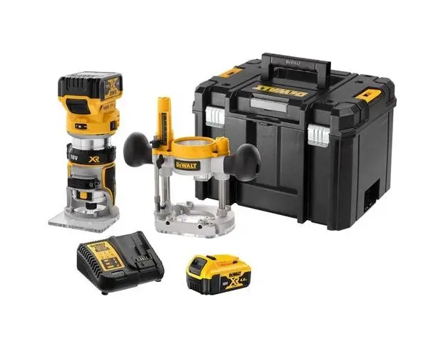 Set masina de frezat/adaptor/incarcator/baterie DeWalt DCW604P2-QW, 8mm, 18V, Li-Ion (Galben/Negru)