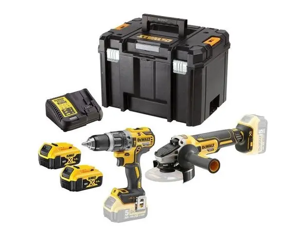 Set masina de gaurit si insurubat, polizor unghiular, cu 2 acumulatori, incarcator, Dewalt