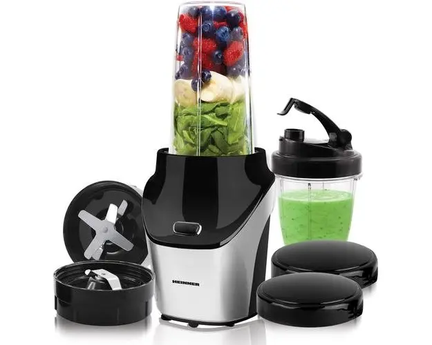 Blender sport Heinner Vitamiser 1000 HSB-T1000SS, 1000W, recipiente Tritan fara BPA 1/0.45L, rasnita inclusa, buton ON/OFF, 18000RPM, lame din inox, 2 capace suplimentare, carcasa din inox (Argintiu/Negru)