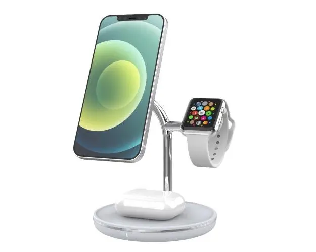 Incarcator wireless birou Tellur, 3-in-1, certificat MagSafe 15W, Watch 2.5W, TWS 5W (Alb)